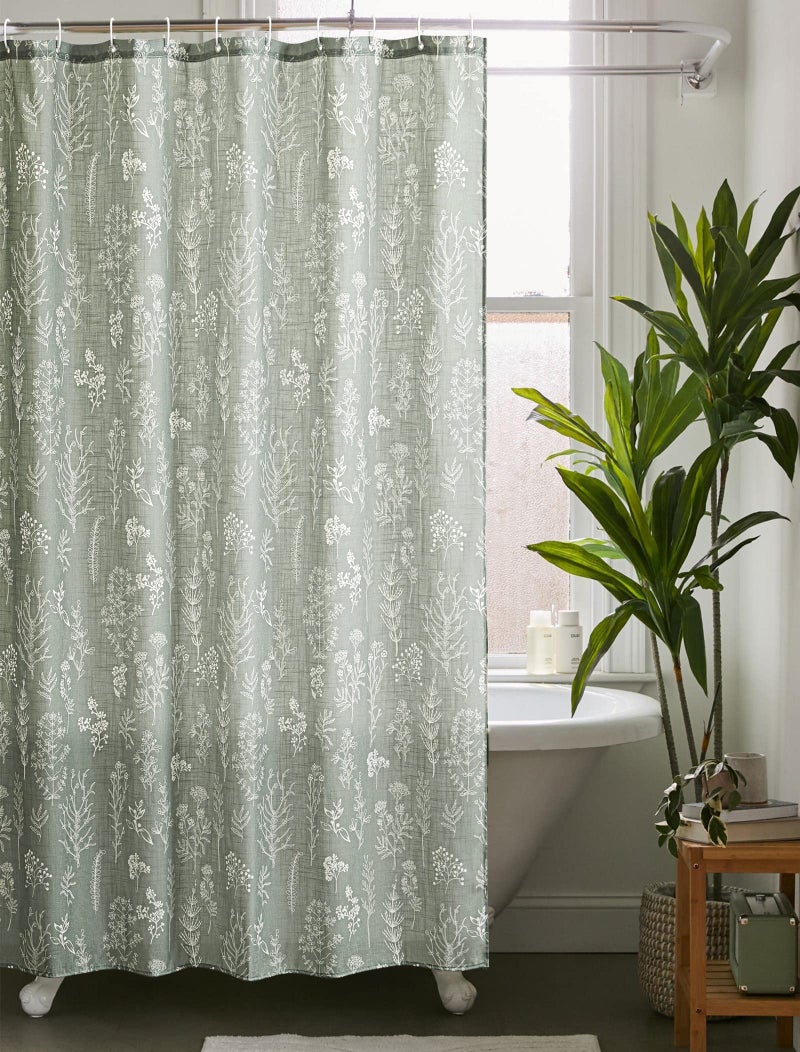 Estmy Green Botanical Linen Shower Curtain for Bathroom, Spring Summer Themed Hand-Drawn Boho Floral Plants Leaves Textured Fabric Shower Curtain Set Modern Farmhosue Vintage Bathroom Decor - Image 2