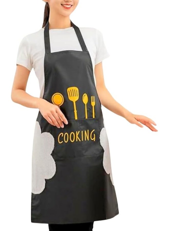 1 Pack Adjustable Waterproof Kitchen Apron for Men and Women – Waterdrop Resistant Polyester Chef Apron with 2 Front Pockets – Heavy Duty Oil Resistant Bib Apron for Cooking, Grilling, Dishwashing, BBQ, Painting, Cleaning, and Chemical Work – Durable, Lightweight, Machine Washable Black Apron - Image 1