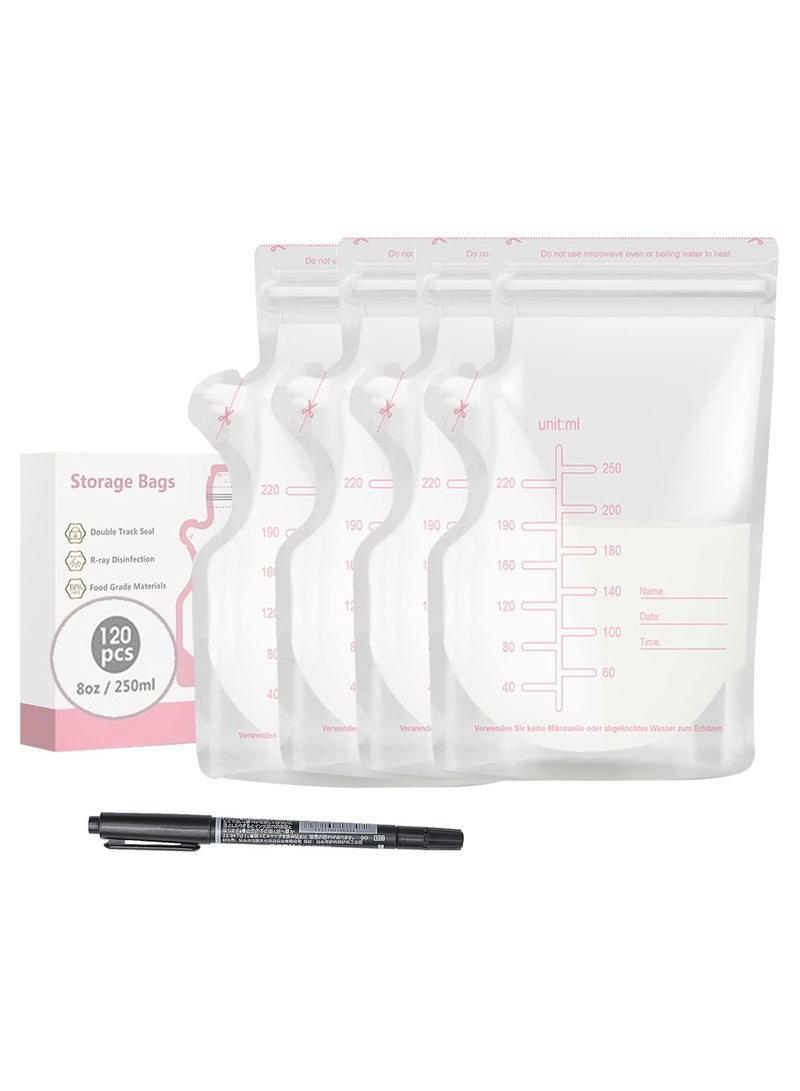 أكياس تخزين حليب الأم، 120 كيسًا، أكياس تخزين حليب للاستخدام مرة واحدة، 8.0 أونصة قائمة بذاتها، معقمة مسبقًا، صحية، محكمة الغلق، يمكن حفظها في الثلاجة والمجمدة - Image 1