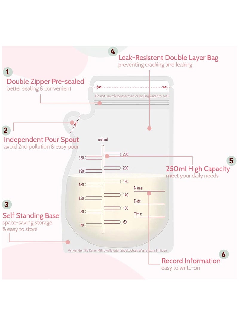 أكياس تخزين حليب الأم، 120 كيسًا، أكياس تخزين حليب للاستخدام مرة واحدة، 8.0 أونصة قائمة بذاتها، معقمة مسبقًا، صحية، محكمة الغلق، يمكن حفظها في الثلاجة والمجمدة - Image 5