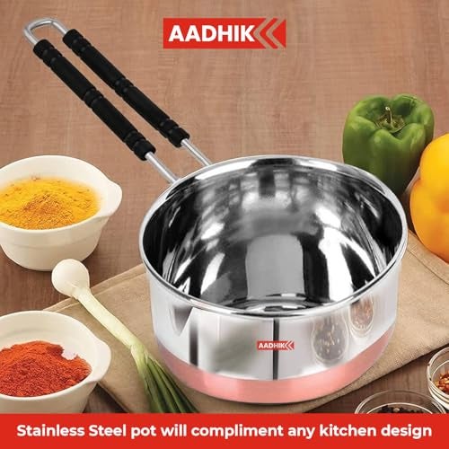 AADHIK Tea Pan Stainless Steel Copper Bottom Sauce Pan Milk Pan Tapeli Patila Induction Base 1.5 Litre Sauce Pot Milk Boiler with Handle (1500 ml) - Image 3