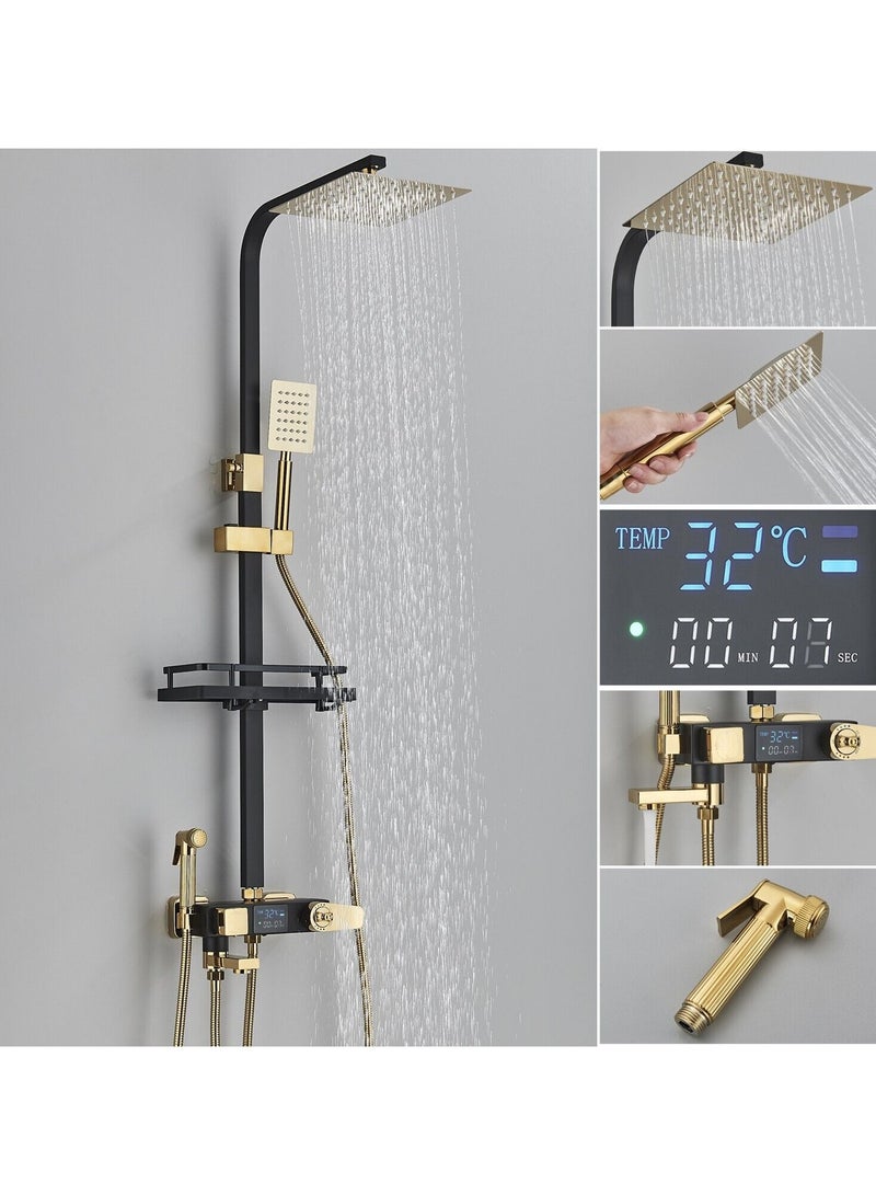 ارواق مجموعة صنبور دش LCD ترموستاتي بشاشة عرض رقمية هطول الأمطار باللونين الأسود والذهبي - Image 1