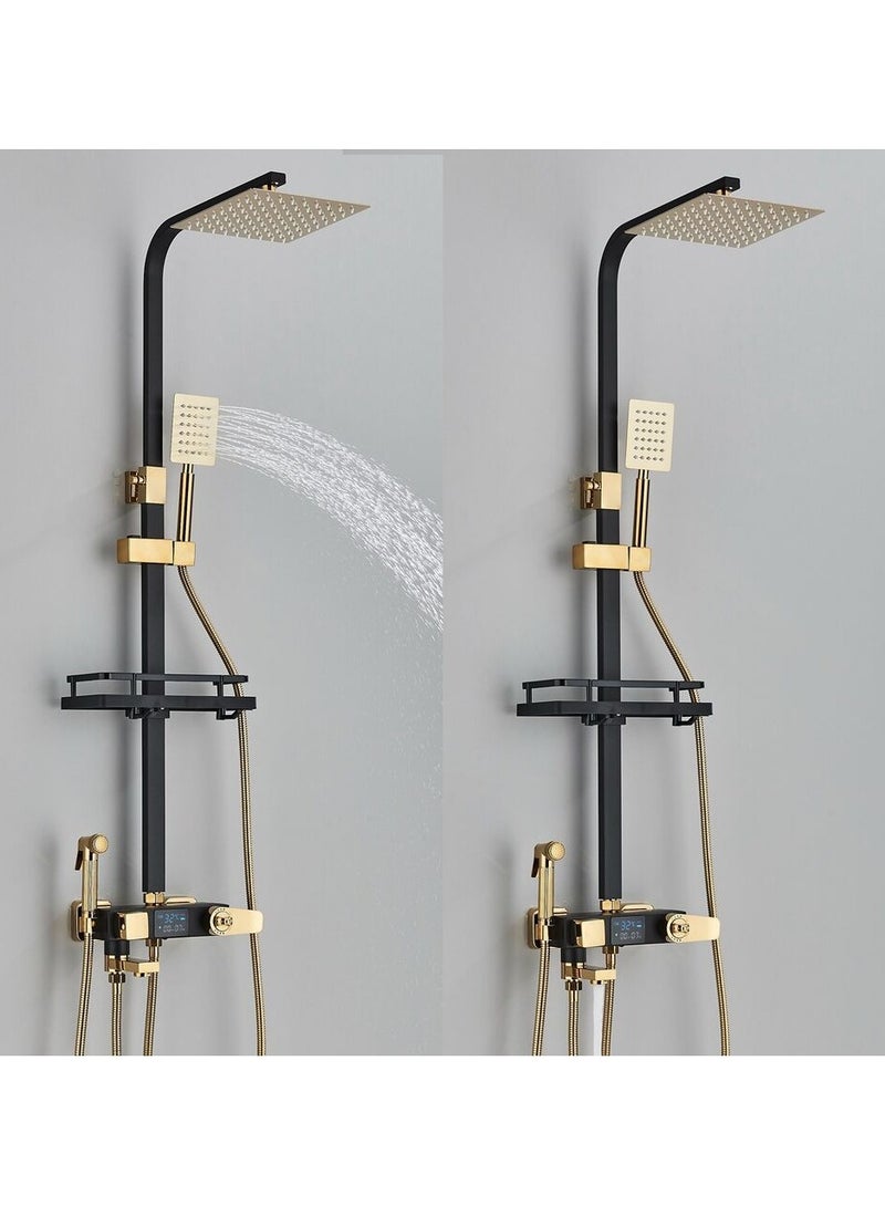 ارواق مجموعة صنبور دش LCD ترموستاتي بشاشة عرض رقمية هطول الأمطار باللونين الأسود والذهبي - Image 2