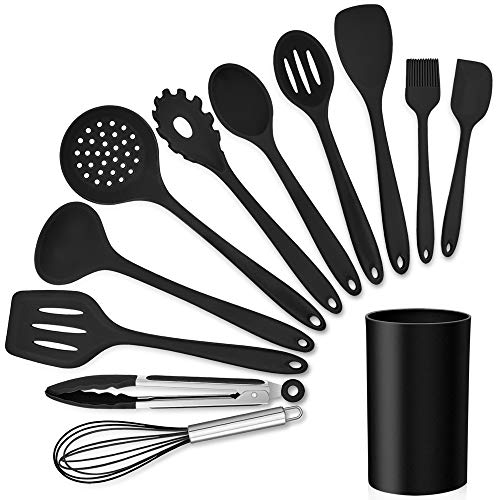 LIANYU 12Piece Black Silicone Kitchen Cooking Utensils Set with Holder Kitchen Tools Include Slotted Spatula Spoon Turner Ladle Tong Whisk Dishwasher Safe
