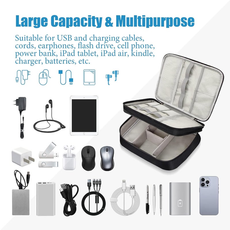 Ambiger Leather Gadget Organizer Travel Cable Accessories Bag Electronics Organizer Portable Storage Case For Cable, Cord, Charger, Adapter, Power Bank, Hard Drives (Black) - Image 5