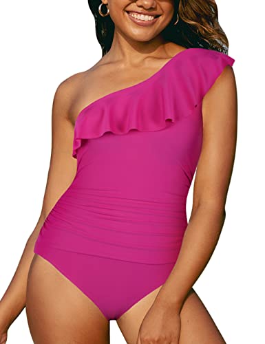 Hilor Women's One Piece Swimsuits One Shoulder Swimwear Asymmetric Ruffle Monokinis Bathing Suits Hot Pink 6 - Image 2