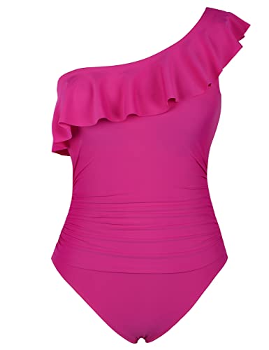 Hilor Women's One Piece Swimsuits One Shoulder Swimwear Asymmetric Ruffle Monokinis Bathing Suits Hot Pink 6 - Image 1