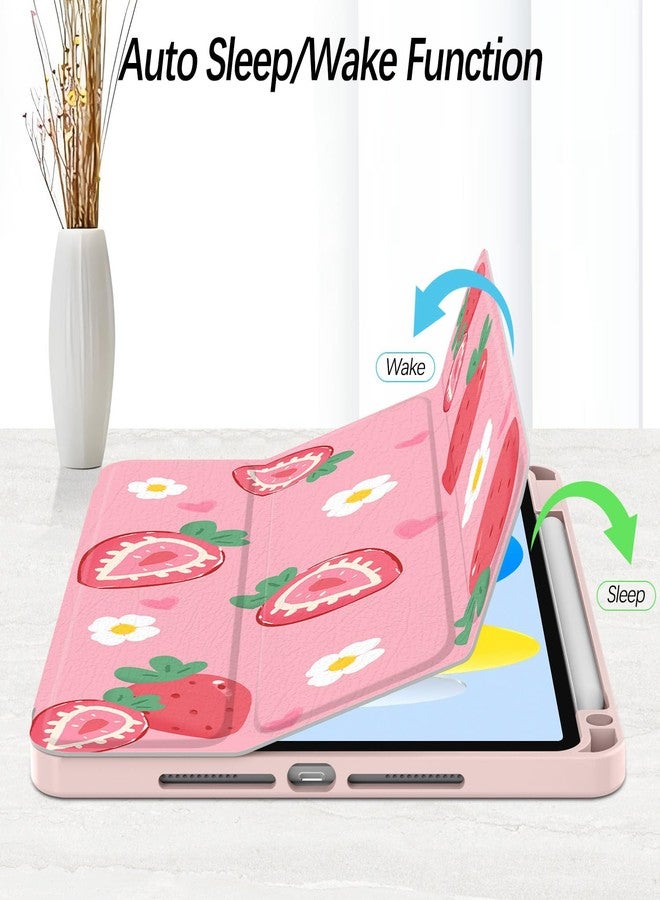 Xkladz جراب Xkladz لجهاز iPad الجيل العاشر 10.9 بوصة 2022، جراب مع حامل قلم، غطاء خلفي شفاف، تصميم أنيق وجذاب للنساء والفتيات والفتيان، خاصية التشغيل/الإيقاف التلقائي، لون الفراولة - Image 2
