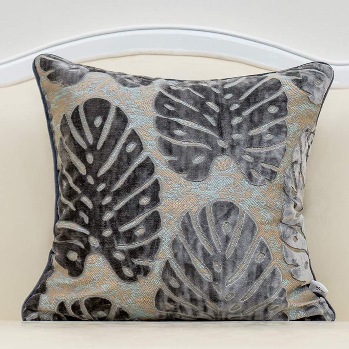 20 x 20 Inch Square Leaf Pillow Embroidery Cut Velvet Cushion Case Luxury Modern Lumbar Throw Pillow Cover Decorative Pillow for Couch Sofa Living Room Bedroom Car Gray Silver