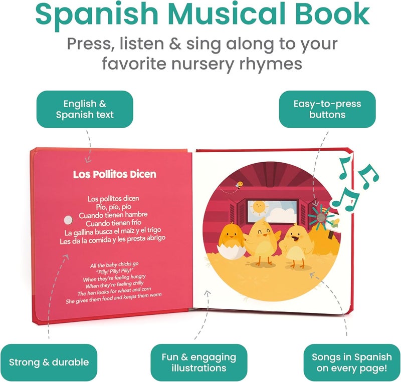 Binibi Store Spanish Musical Book for Babies & Toddlers 1-3 Los Pollitos Dicen & Other Nursery Rhymes | Spanish Learning for Kids | Bilingual Children's Book | Libro en español para bebés - Image 2