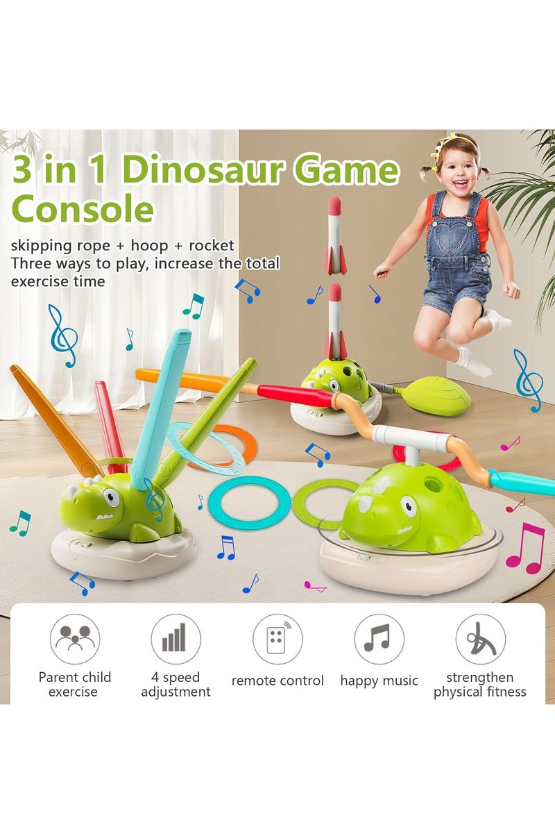 آلة رياضية على شكل ديناصور 3 في 1 للأطفال، حبل قفز، رمي الحلقات وصاروخ السماء، ألعاب تدريب حسية للأطفال، لعبة تفاعلية ممتعة داخلية وخارجية للأعمار من 3 سنوات فما فوق - Image 3