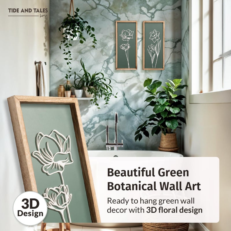 Tide and Tales 3D Floral Green Wall Art (Set of 2) Lightweight, Wooden Ready-to-Hang Boho Framed Wall Art for Bathroom, Bedroom, Living Room or Office â€“ Premium Sage Green Farmhouse Decor â€“ Gift-Boxed - Image 2