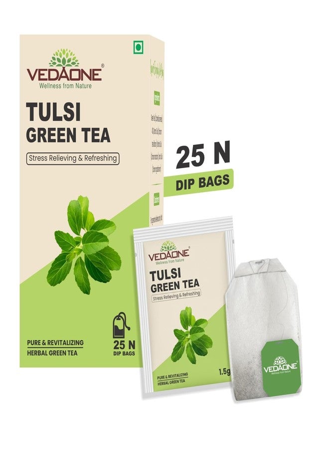 VEDAONE Tulsi Green Tea (25 Dip Bags) | Pure & Revitalizing Triple Tulsi Blend (Rama, Krishna & Vana) | Stress Relieving & Refreshing Ayurvedic Tea | Natural Antioxidant Boost - Image 2