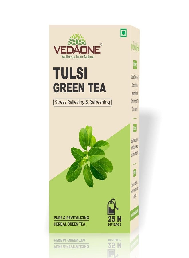 VEDAONE Tulsi Green Tea (25 Dip Bags) | Pure & Revitalizing Triple Tulsi Blend (Rama, Krishna & Vana) | Stress Relieving & Refreshing Ayurvedic Tea | Natural Antioxidant Boost - Image 1