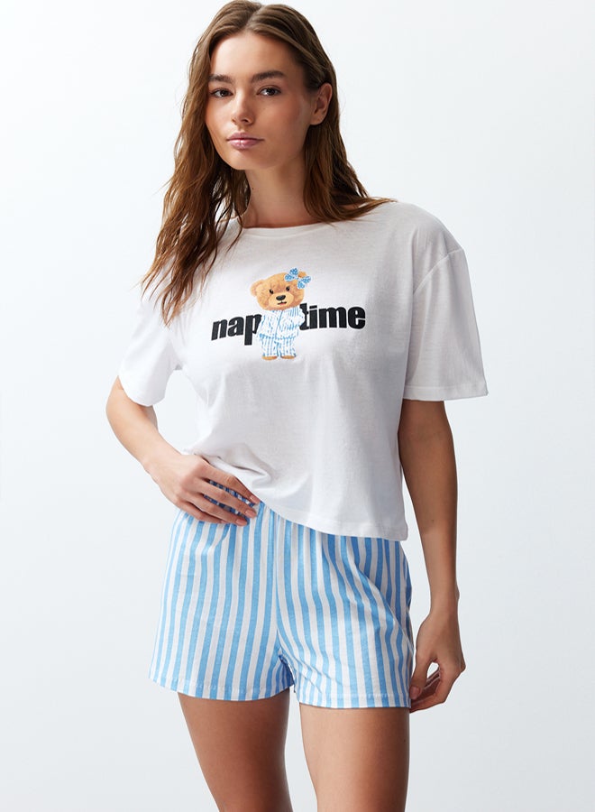 trendyol Women's Couple White 100% Cotton Teddy Bear Striped Knitted Pajama Set THMSS24PT00175 - Image 2