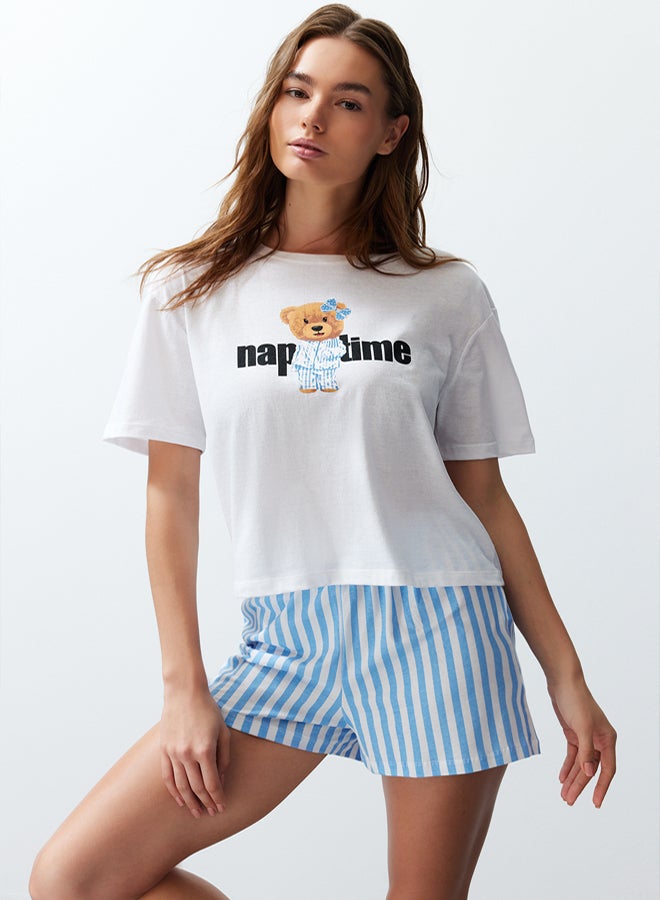 trendyol Women's Couple White 100% Cotton Teddy Bear Striped Knitted Pajama Set THMSS24PT00175 - Image 3