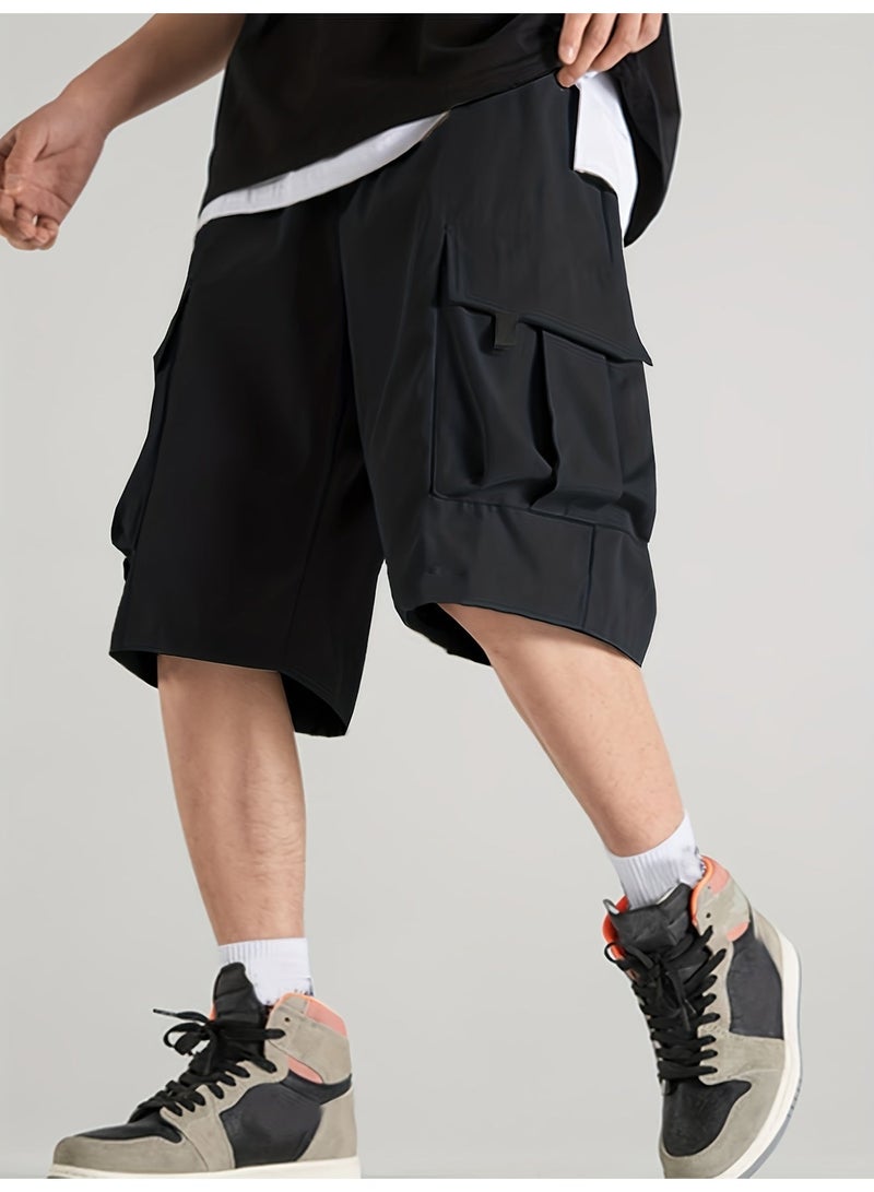 شورت رجالي أسود بجيوب متعددة، برباط، بقصة فضفاضة، مناسب للصيف - Image 1