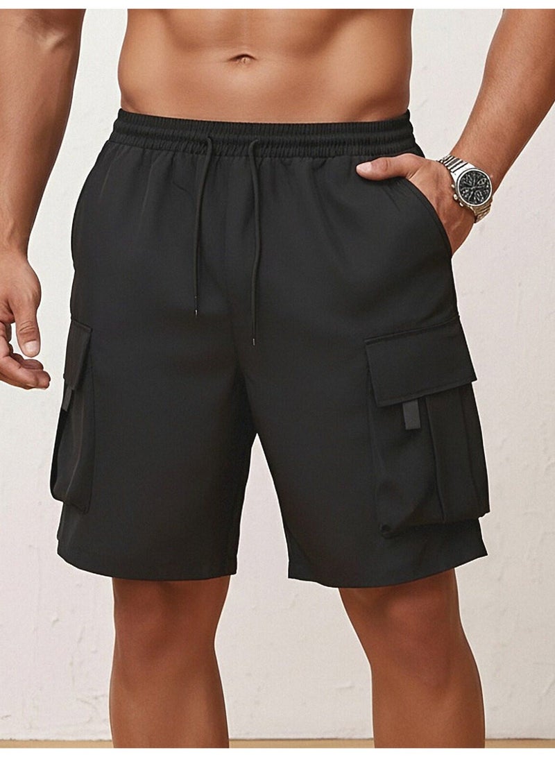 شورت رجالي أسود بجيوب متعددة، برباط، بقصة فضفاضة، مناسب للصيف - Image 2