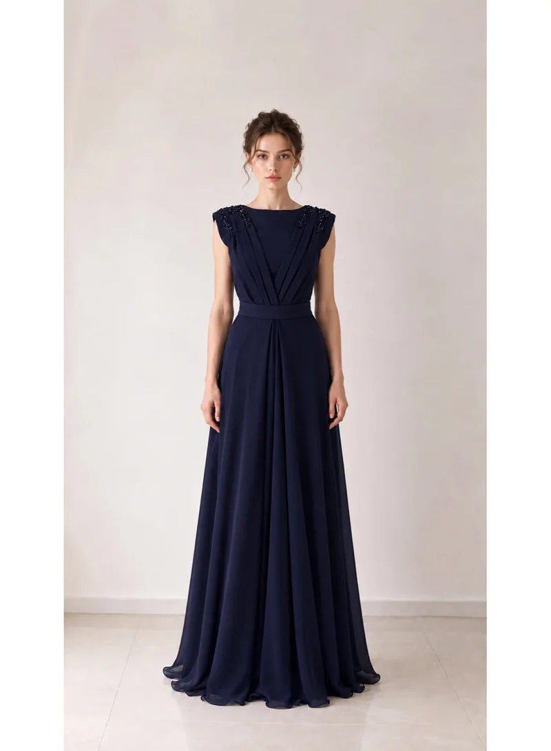 2Trendy Women's Navy Maxi Dress with Pleated Bodice and Beaded Shoulders