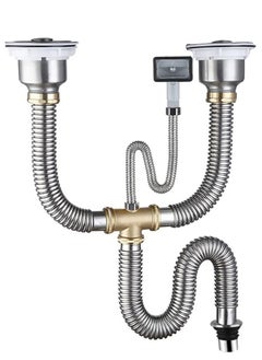 Kitchen Double Sink Drain Pipe Kit Two-slot Stainless Steel Drainer Hose Pipe Fittings with Strainer and Overflow Pipe