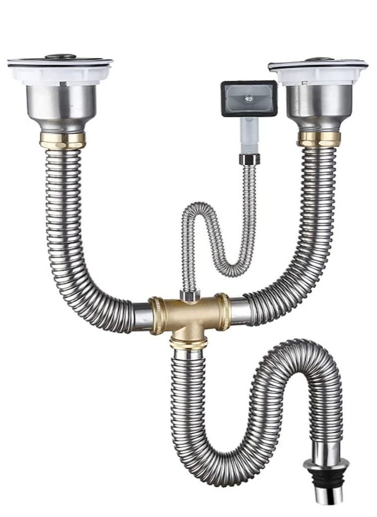 Rubik - Kitchen Double Sink Drain Pipe Kit Two-slot Stainless Steel Drainer Hose Pipe Fittings with Strainer and Overflow Pipe - Image 1