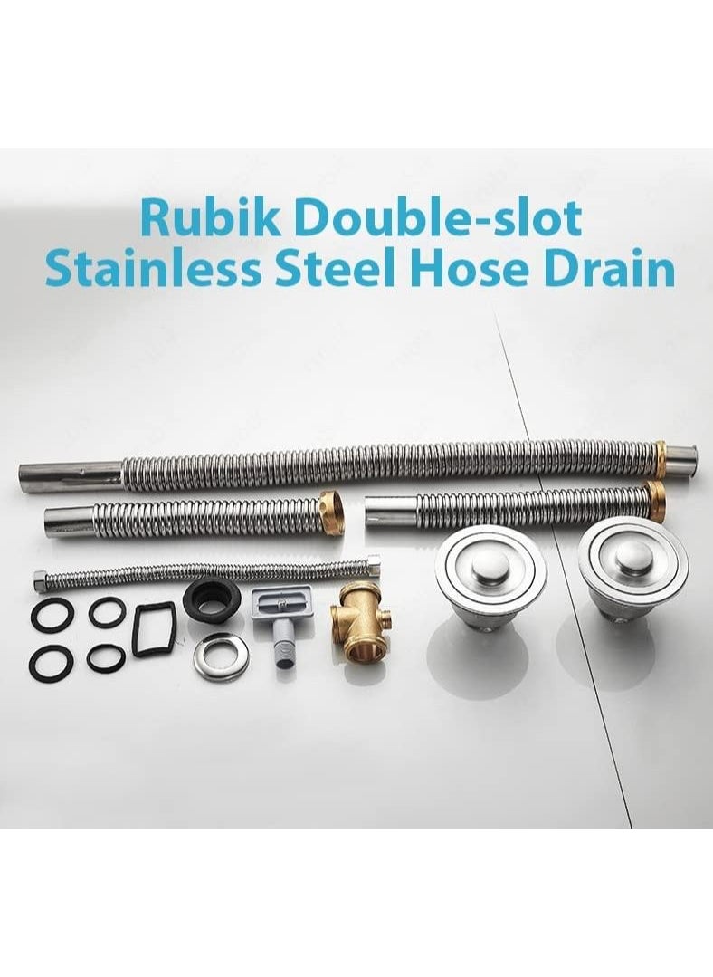 Rubik - Kitchen Double Sink Drain Pipe Kit Two-slot Stainless Steel Drainer Hose Pipe Fittings with Strainer and Overflow Pipe - Image 1