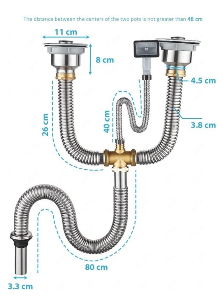 Rubik - Kitchen Double Sink Drain Pipe Kit Two-slot Stainless Steel Drainer Hose Pipe Fittings with Strainer and Overflow Pipe - Image 1