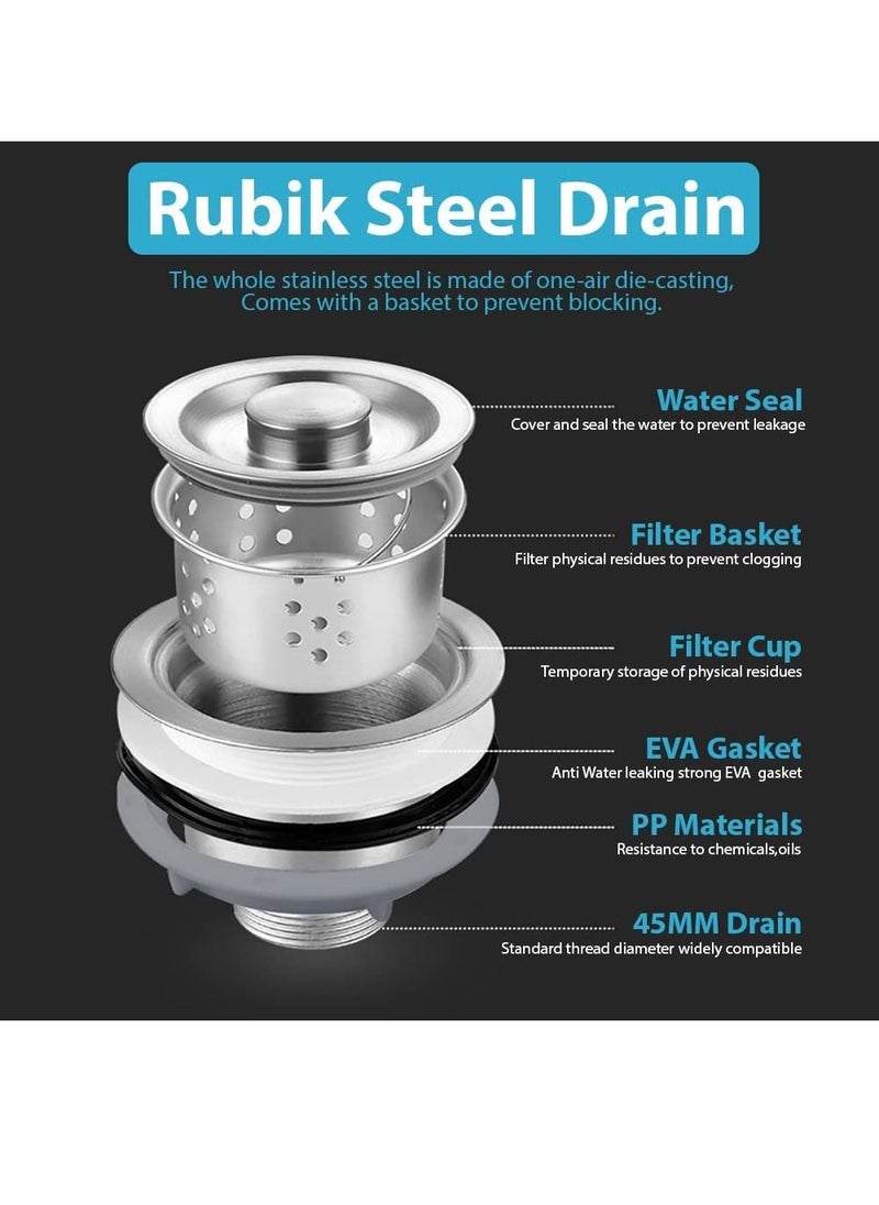 Rubik - Kitchen Double Sink Drain Pipe Kit Two-slot Stainless Steel Drainer Hose Pipe Fittings with Strainer and Overflow Pipe - Image 1