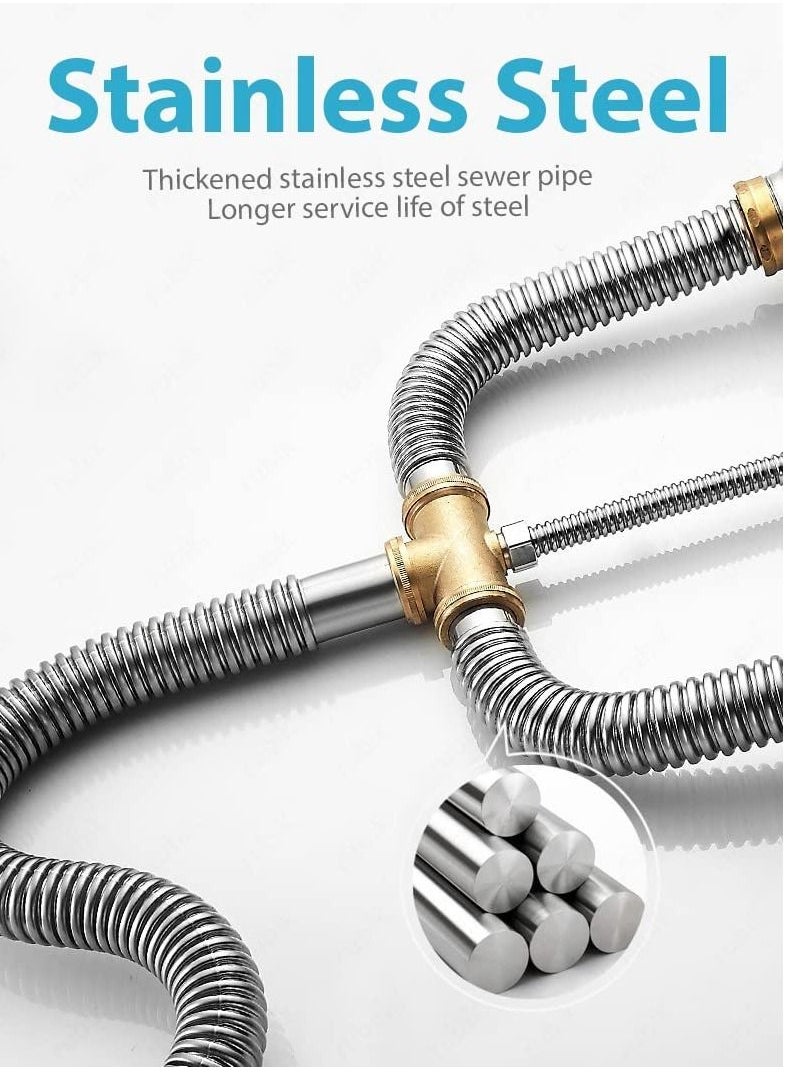 Rubik - Kitchen Double Sink Drain Pipe Kit Two-slot Stainless Steel Drainer Hose Pipe Fittings with Strainer and Overflow Pipe - Image 1