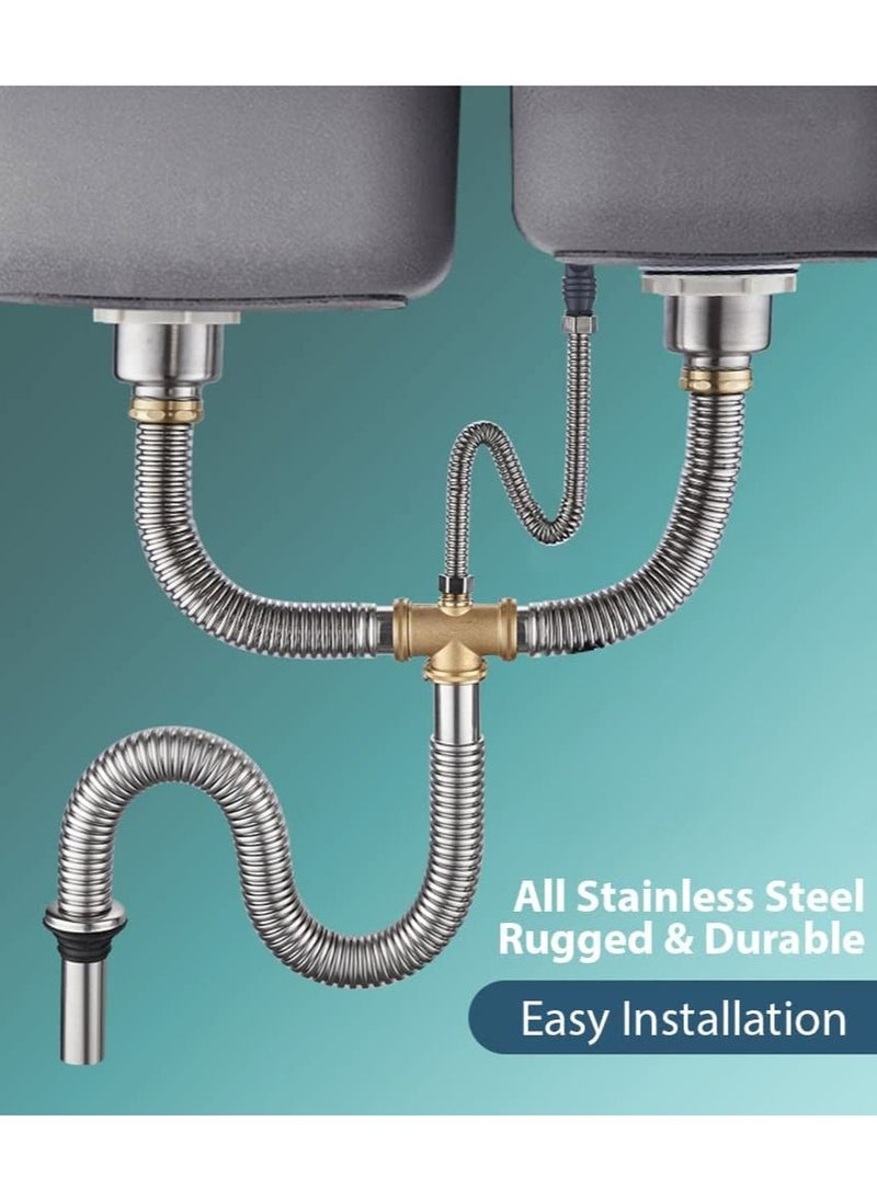 Rubik - Kitchen Double Sink Drain Pipe Kit Two-slot Stainless Steel Drainer Hose Pipe Fittings with Strainer and Overflow Pipe - Image 1