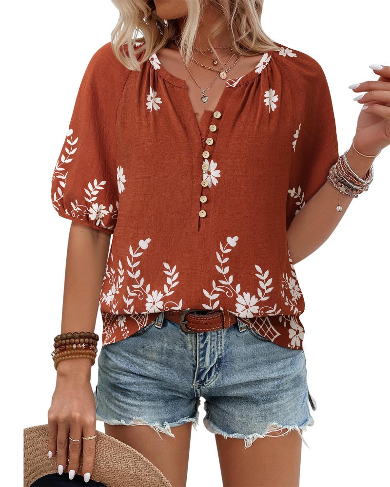 Unixseque Womens Summer Tops V Neck Short Sleeve Blouses Casual Button Down Shirts Floral Boho Clothing Trendy 2025 Rusty Red XL - Image 1