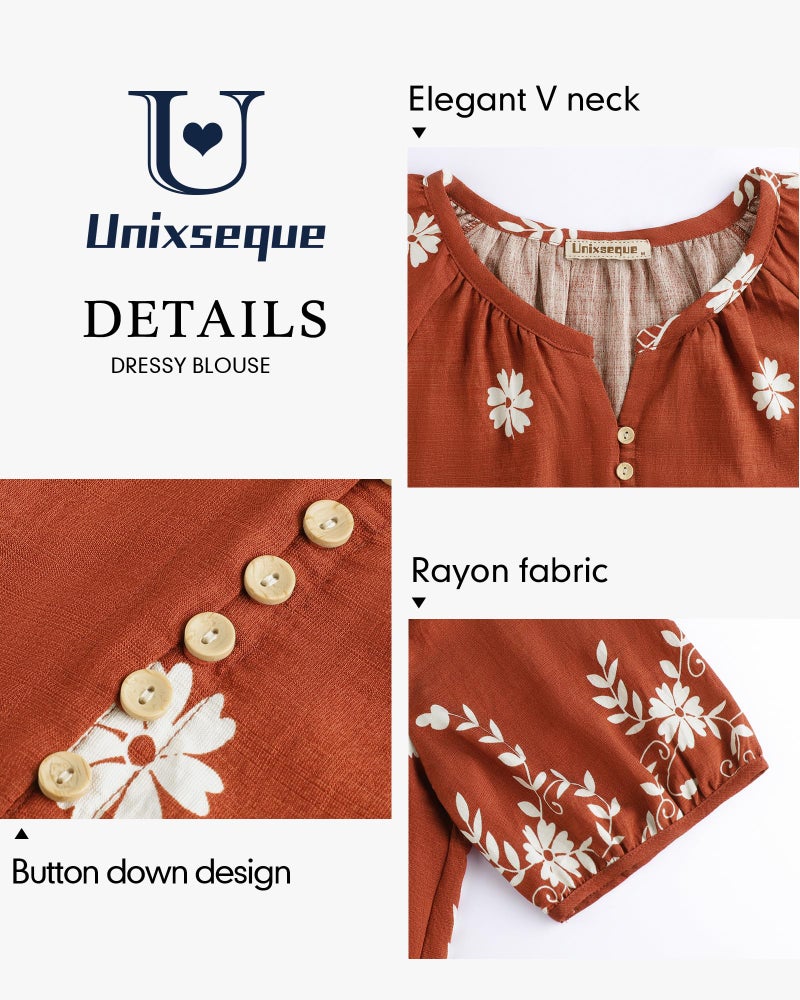 Unixseque Womens Summer Tops V Neck Short Sleeve Blouses Casual Button Down Shirts Floral Boho Clothing Trendy 2025 Rusty Red XL - Image 4