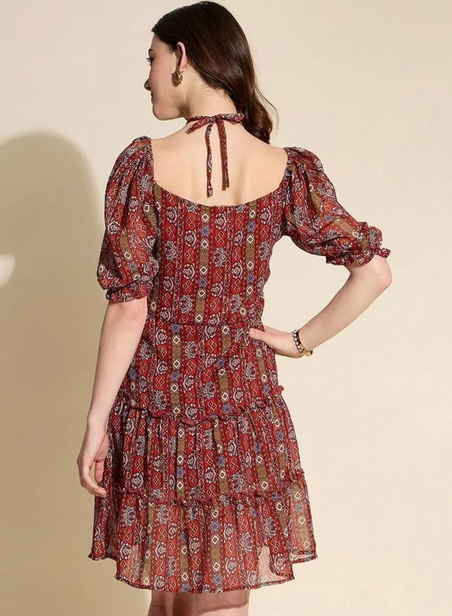 Freehand  Women Fit and Flared Indie Printed V-Neck Short Sleeve Mini Dress for Women | Best Price UAE