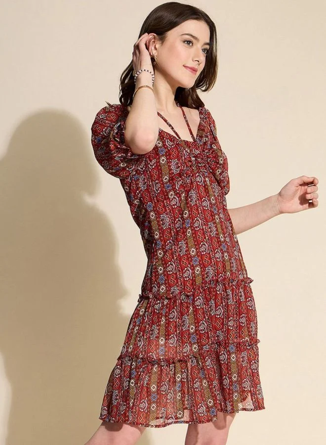 Freehand  Women Fit and Flared Indie Printed V-Neck Short Sleeve Mini Dress for Women | Best Price UAE