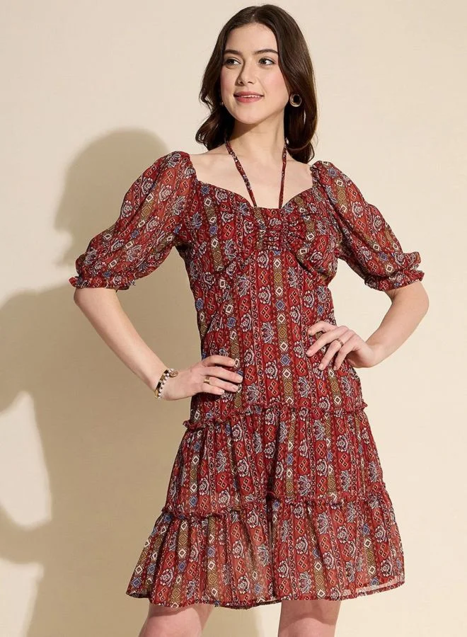Freehand  Women Fit and Flared Indie Printed V-Neck Short Sleeve Mini Dress for Women | Best Price UAE