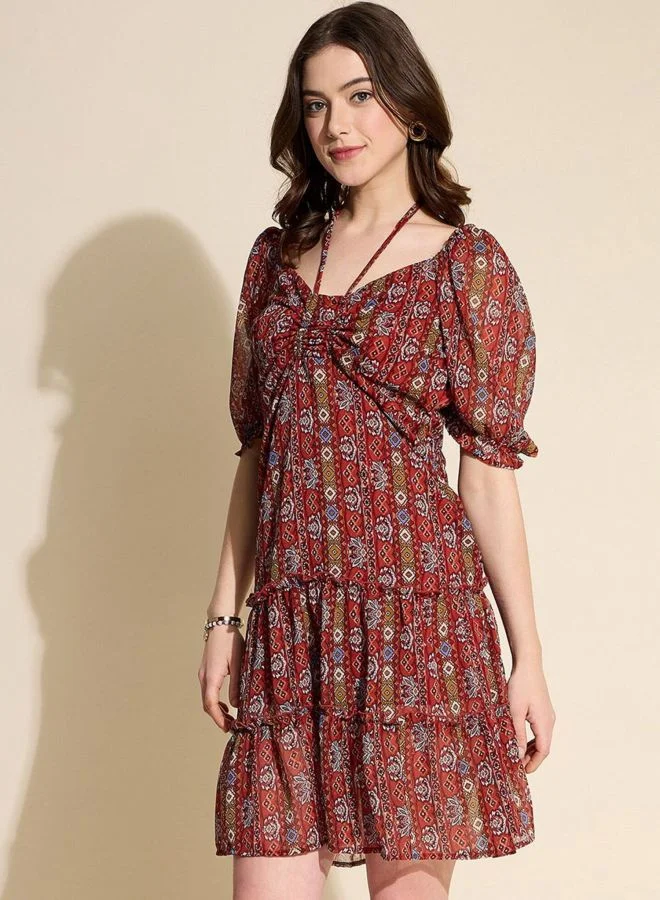 Freehand  Women Fit and Flared Indie Printed V-Neck Short Sleeve Mini Dress for Women | Best Price UAE