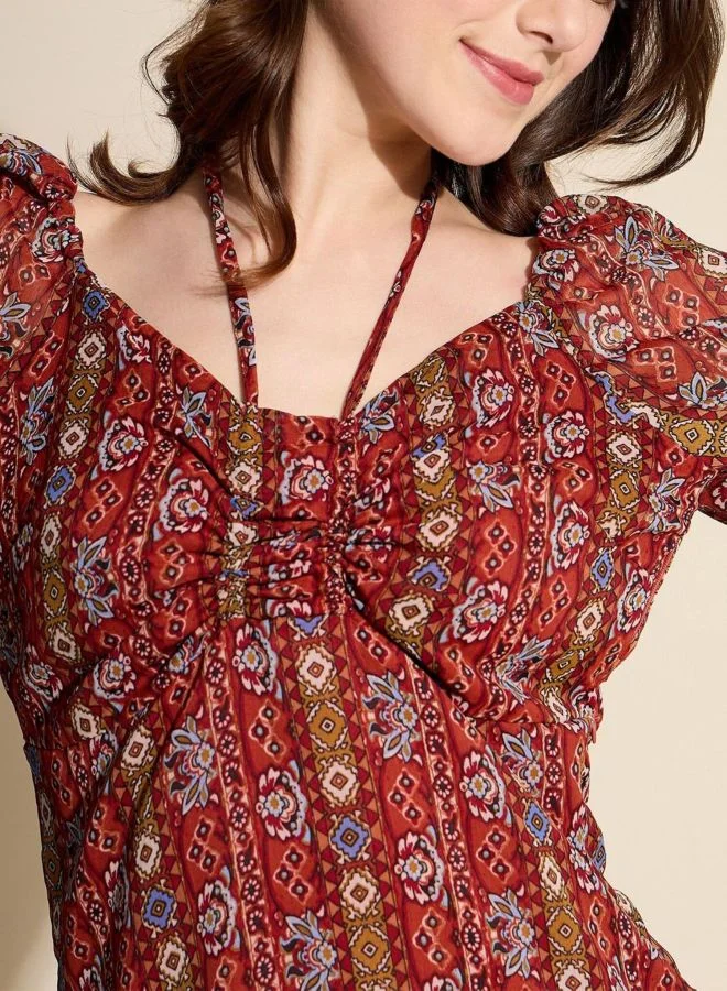 Freehand  Women Fit and Flared Indie Printed V-Neck Short Sleeve Mini Dress for Women | Best Price UAE