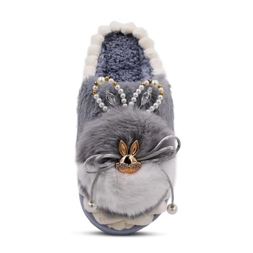 VRITRAZ Women’s Bunny Style Winter Slippers | Soft Plush Home Wear with Decorative Pearls & Furry Cushion | Warm Anti-Skid Slides (Grey, Size 8) - Image 5
