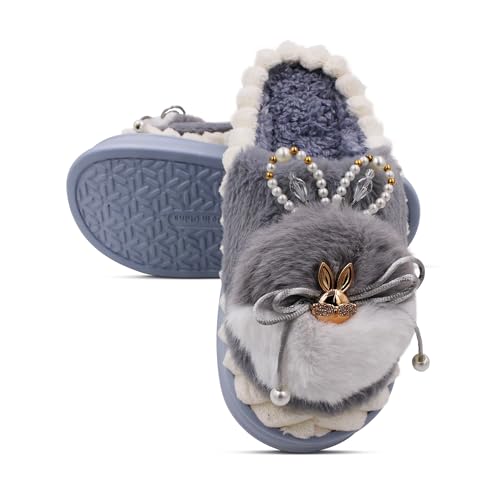 VRITRAZ Women’s Bunny Style Winter Slippers | Soft Plush Home Wear with Decorative Pearls & Furry Cushion | Warm Anti-Skid Slides (Grey, Size 8) - Image 2