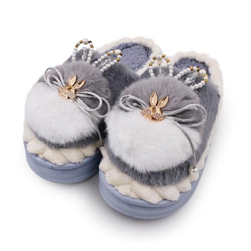 VRITRAZ Women’s Bunny Style Winter Slippers | Soft Plush Home Wear with Decorative Pearls & Furry Cushion | Warm Anti-Skid Slides (Grey, Size 8) - Image 1