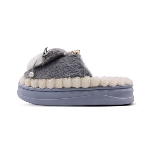 VRITRAZ Women’s Bunny Style Winter Slippers | Soft Plush Home Wear with Decorative Pearls & Furry Cushion | Warm Anti-Skid Slides (Grey, Size 8) - Image 4
