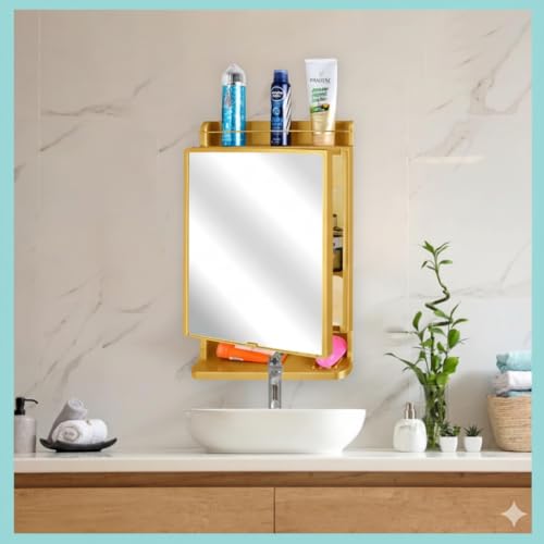 CIPLA PLAST Rich Look Bathroom Cabinet with Mirror | Storage Organiser | Strong Plastic Bathroom Shelves Wall Mounted | Bathroom Accessories| Mirror Cabinet- (Made in India) (Golden) - Image 4