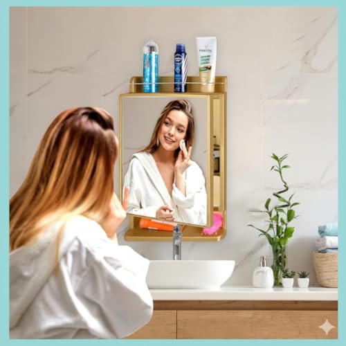 CIPLA PLAST Rich Look Bathroom Cabinet with Mirror | Storage Organiser | Strong Plastic Bathroom Shelves Wall Mounted | Bathroom Accessories| Mirror Cabinet- (Made in India) (Golden) - Image 5