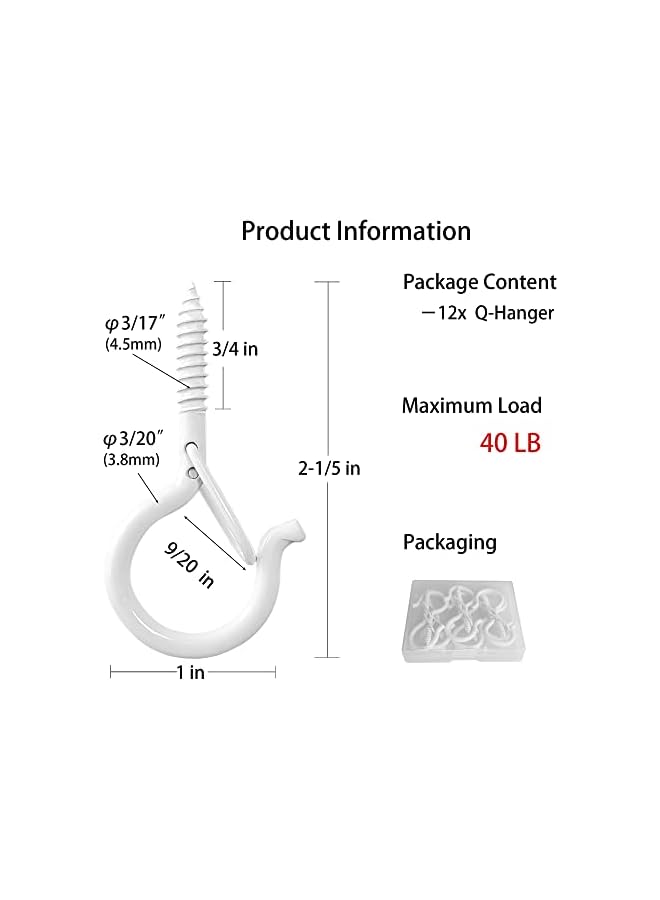 promass 12 PCS Ceiling Hooks for Hanging Plants, Q Hanger Screw Hooks for Outdoor String Lights Wind Chimes, Cup Hooks with Safety Buckle, 2.2 Inches - Image 5