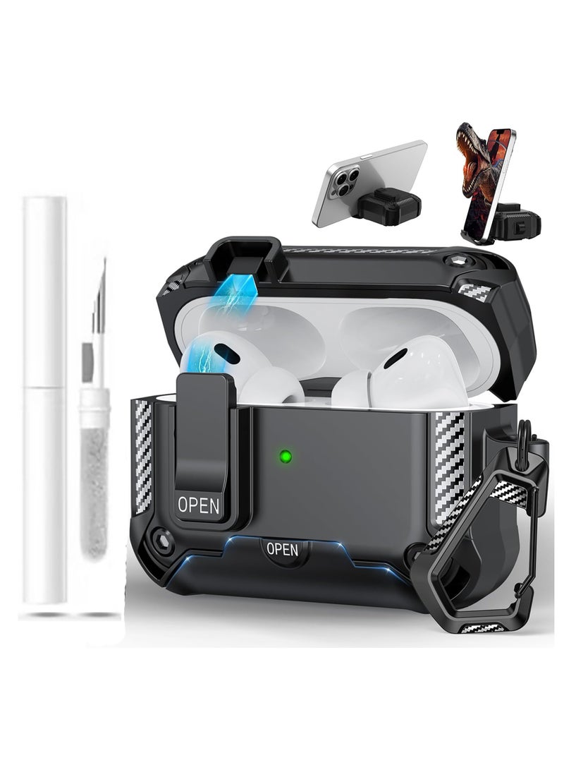 for AirPods Pro 2  Protective Case, One-Touch Opening Function Headphone Case with Phone Holder Function, Drop Protection, Cleaning Kit Included, Black  - Image 1