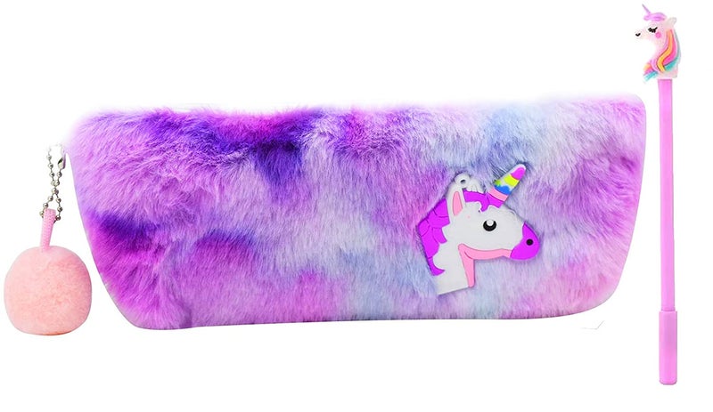 SHREE TECHNESH® Amazing Soft Uneecorn Fur Pouch with Gel Pen for Girls (White) - Image 1