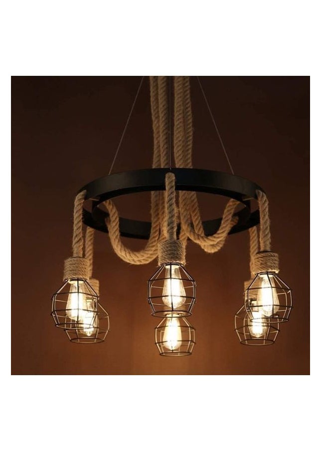 A F N Lighting A F N LIGHTINGS Modern Vintage Industrial Chandelier, 6-Light Pendant Lighting Fixture with Cage and Hemp Rope Design, Height Adjustable Wrought Iron Hanging Lamp for Restaurant, Kitchen Island  - Image 3
