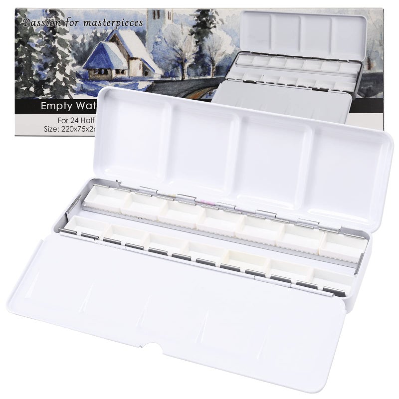 MYARTOOL Empty Watercolor Palette Metal Watercolor Tin with Fold Out Palette Watercolor Paint Tray Palette with 24 Watercolor Full Pans for Plein Air Painting and Sketching
