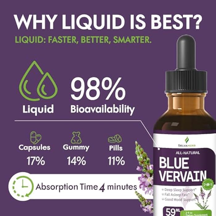 Selvaherb قطرات مستخلص عشبة الفيرفينا الزرقاء العضوية، بديل شاي الفيرفينا الزرقاء، مكمل دعم النوم مع فاليريان، زهرة العاطفة، صبغة عشبية لدعم النوم السريع والمزاج الجيد. 2 أونصة - Image 5