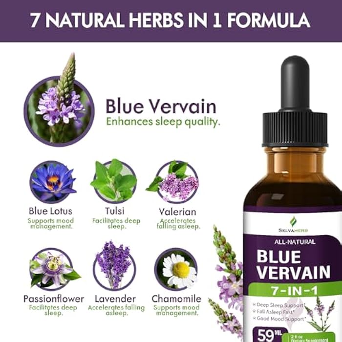 Selvaherb قطرات مستخلص عشبة الفيرفينا الزرقاء العضوية، بديل شاي الفيرفينا الزرقاء، مكمل دعم النوم مع فاليريان، زهرة العاطفة، صبغة عشبية لدعم النوم السريع والمزاج الجيد. 2 أونصة - Image 4